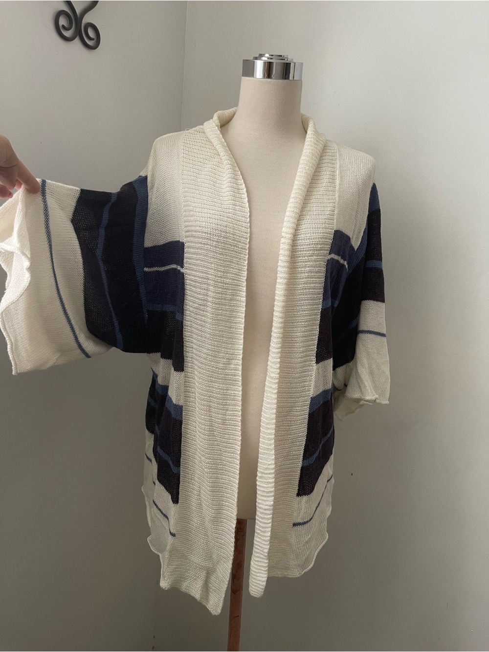 Lucky Brand Open-Front Striped Cardigan in Cream and Navy